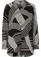 Longbluse Gr. 44 Schwarz Weiß Graphisch Damen Langarmbluse Hemd Tunika Neu