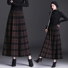 Damen Karo Midi Strick Rock Plissee Hohe Elastische Taille Thermo A-Linie Büro