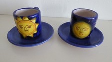 Sonne und Mond 2 Keramik Espresso Tassen Blau Gelb handbemalt