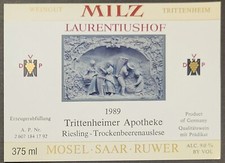 Weinetikett 1989 Trittenheimer Apotheke Riesling Trockenbeerenauslese MILZ MOSEL