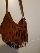 Boho Umhänge-Tasche Braun Fransen 34x28 Velourleder