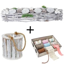 B-Ware 3er Set Windlicht + Bänder + Gesteck, Deko-Box 9 Rollen Geschenkband