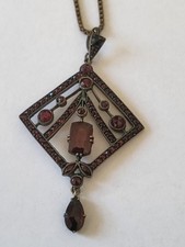 Jugendstil Tombak  großer Anhänger Granaten + Kette vergoldet Antikschmuck