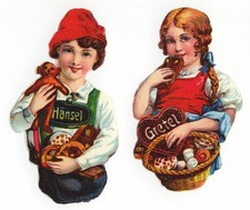 Hänsel+Gretel mit Lebkuchen Märchen Oblaten Glanzbilder um 1920 L&B 10cm hoch