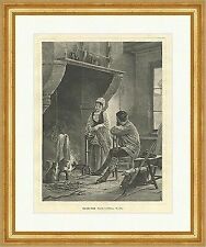 Der erste Besuch Rudaux offener Kamin Stube Katze Feuer Fenster Holzstich E 4187