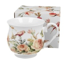 Henkelbecher große Tasse mit Rosen und Vogelmotiv Duo Porzellan Retro Anna