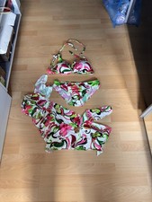 Bikini 3 Teilig Mit Kurz Pareo / Rock M/L Bunt Pink Weiß Grün - Ungetragen