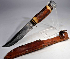 ALTES MESSER Hirschhorn Griff - 1950er Jahre mit Lederscheide - Solingen