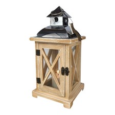 Laterne aus Holz, Metall und Glas 28cm natur braun mit Sprossen Holzlaterne