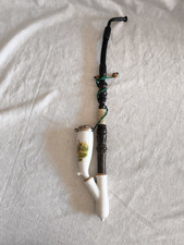 Alte Stockpfeife Porzellan Kopf Stabpfeife Tiere Rebhühner Holz Metall.. Pfeife