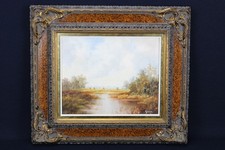 Gemälde Malerei Ölgemälde signiert wohl Frau Landschaft Fluss Antik Gerahmt