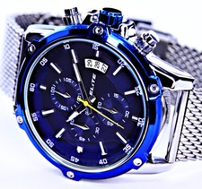 Elite Herren Armband Mesh Uhr Datum Blau Silber Farben 1/10 tel Chronograph