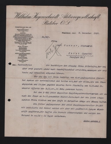 Ratibor brief 1927 - brief, 1927,
