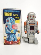 Vintage 60er Jahre S.Y. Mechanischer gehender Weißblech Roboter - Japan Blechspielzeug verpackt selten