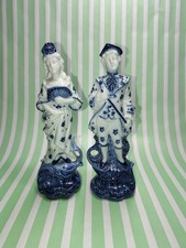 Pair of Antique C19th Continental China Blue & White Figurines, Man & Woman