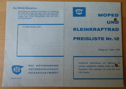 Original nsu preisliste 1963 - original,