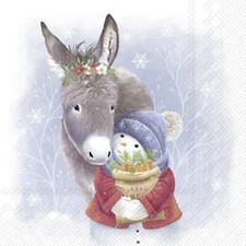 3 Servietten ~  Großer Esel schmust mit  kleinem Schneemann Winterliebe 