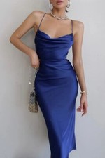 elegant Abendkleid Satin lang Kleid Cocktail blau Seide-look Party Slipdress