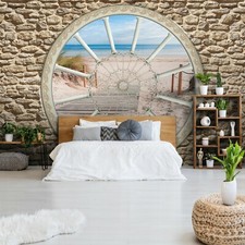 Vlies Fototapete STEINWAND 3D Steinoptik Strand Fenster Wohnzimmer Steine 85