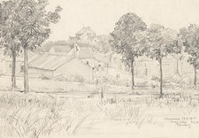 E. NÖBBE (1882-1948), Ländliche Dorfansicht von Aussonce,  1918, Bleistift