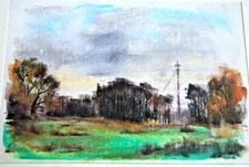 :FRANZ EHMKE *1928 -2018 BERLIN PASTELL DER STROMMAST IM HERBSTLICHEN WALDGEBIET
