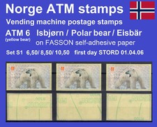 Norwegen ATM 6 Polar bear yellow bear set 6,50/8,50/10,50 first day 1.4.6 STORD
