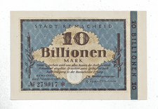 Notgeldschein 10 Billionen Mark Stadt Remscheid 1923. Sammlerqualität