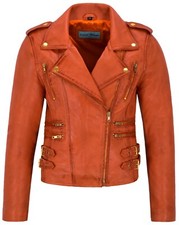 DESIRE Damen Biker Jacke Rock Chic Gothic Oberteile Echtleder Jacke Orange