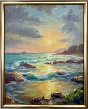 Original russisches maritimes Ölgemälde „Sonnenuntergang am Meer“, 2025.