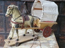 antik Zugspielzeug Gespann altes Pferd + Planwagen Kutsche vintage Holzspielzeug