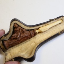 Historische Jagdmotiv Meerschaumpfeife 12 cm 19. Jhd. im Formetui            D32