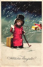 AK Neujahr Glückwunsch, Kind mit Zylinder und Koffer, Künstler, Kleinformat