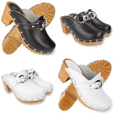 Damen Leder Clogs mit Absatz