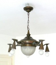 GROßE ART DECO DECKENLAMPE METALL GESCHLIFFENES GLAS PENDELLEUCHTE 20ER JAHRE