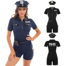 Damen Polizistin Kostüm Cosplay Polizei Jumpsuit Overalls Kurzarm Cop Uniform