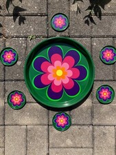 Vintage Tablett Prilblume 70er Jahre + 6 x Untersetzer Blech Metall Ø 30,5 cm