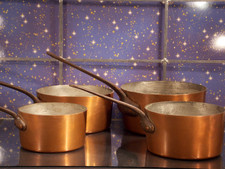 4x Stiel Topf Kasserolle Kupfer antik geschmiedete Eisengriffe innen verzinnt