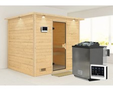 Massivholzsauna Karibu Coral inkl. 9 kW Bio Ofen u.ext.Steuerung mit Dachkranz u