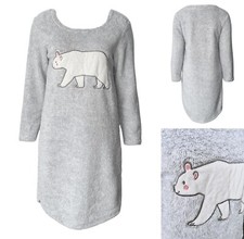 Schlafshirt  Nachthemd Bigshirt Pyjama Fleece Langarm Bär-Applikation warm Gr. S