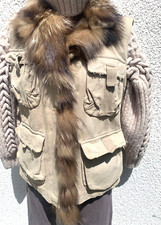 EXCLUSIVE THES & THES Überweste Denim Canvas mit ECHT FUCHS Pelz Gr. 44 Sand