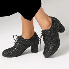 Gr43 Damen Glitzer Oxford Pumps Schnürschuhe mit Blockabsatz