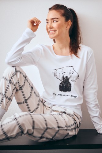 Damen pyjama lang weiß pudel - pyjama,