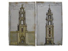 Erster und Zweiter Entwurf Neuer Münzturm Berlin kolor Kupferstich Schlüter 1718