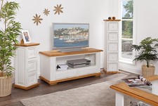 TV Phono Tisch Lowboard Kommode, Pinie massiv, Mexico Weiß / Honig, Shabby Chic