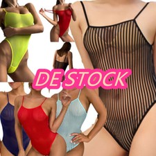 DE~Damen Mesh Bodysuit Einteiliger Monokini Badeanzug Träger Stringbody Sexy