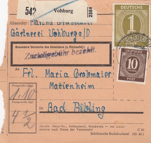 Paketkarte vohburg nach bad - paketkarte:,