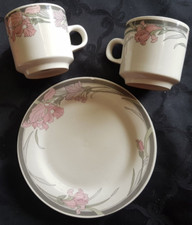 KUN-LUN China Porzellan 2x Kaffeetasse+ 1x Kuchenteller Blumen grau rosa