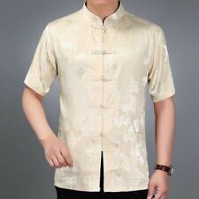 Herren Satin Seide salingstutzen Shirt Tops Drachen Aufdruck kurzärmelig Frosch