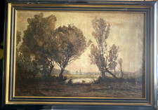 ::ÖLGEMÄLDE LANDSCHAFT SEE UFER WALDIG MORGENDÄMMERUNG HERBST