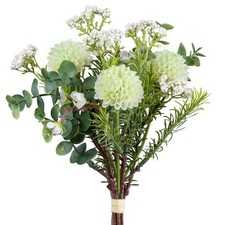 Künstlicher Pompondahlien-Mixbund, Blumenstrauß mit Dahlien Eukalyptus Grün Weiß